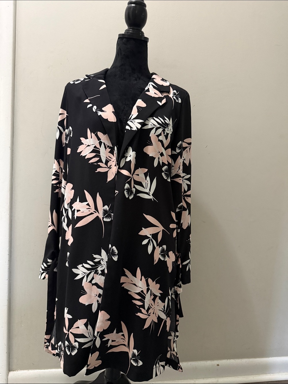 Black Floral Button-Front Tunic with Pink & White Blooms